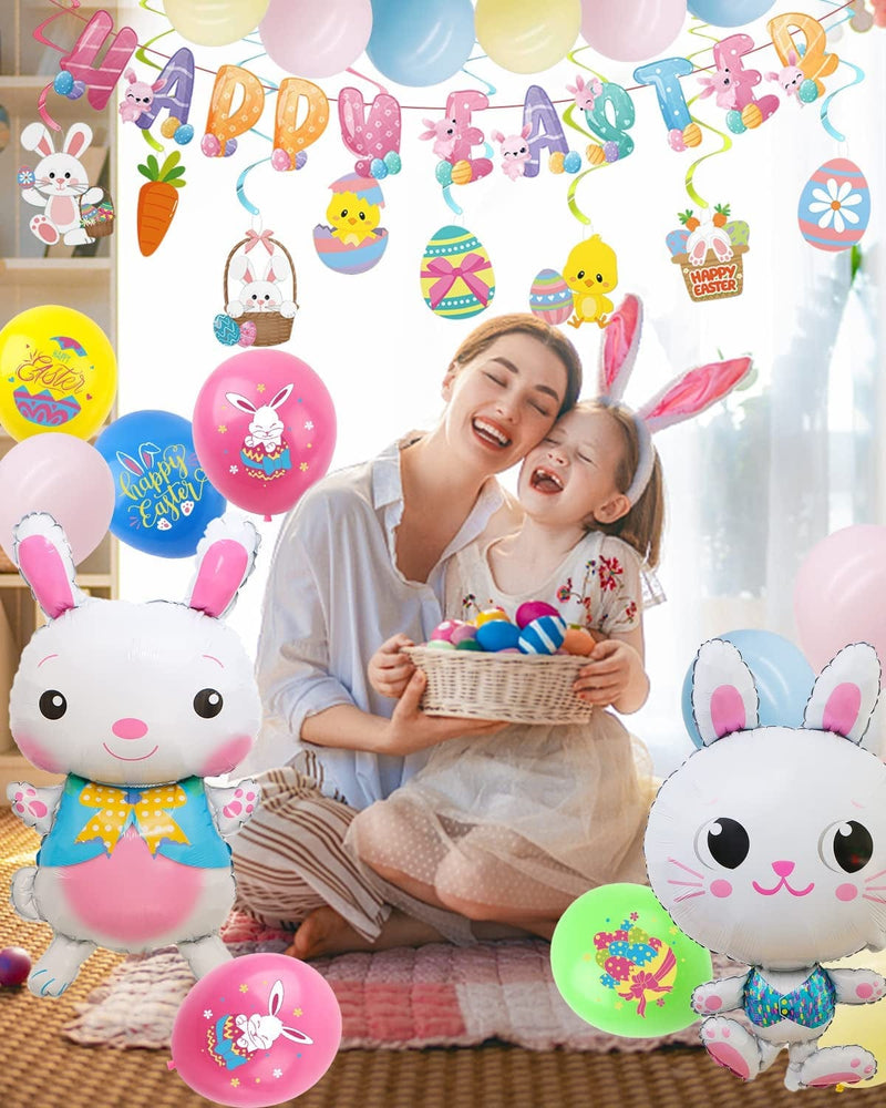 55PCS Easter Party Decoration Happy Easter Balloons Banner Kits Bunny Egg Hanging Swirl Decorations for Easter Party Supplies Home & Garden > Decor > Seasonal & Holiday Decorations BUUFAN   