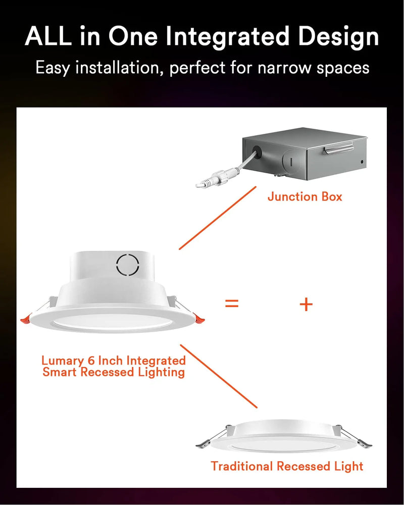 Lumary Integrated Smart Recessed Lighting 6 Inch with Junction Box 13W 1100LM Canless Wifi Downlight with BT Remote RGBCW Color Changing APP Dimmable Wafer Light Work with Alexa/Google Assistant, 4PCS Home & Garden > Lighting > Flood & Spot Lights Lumary   