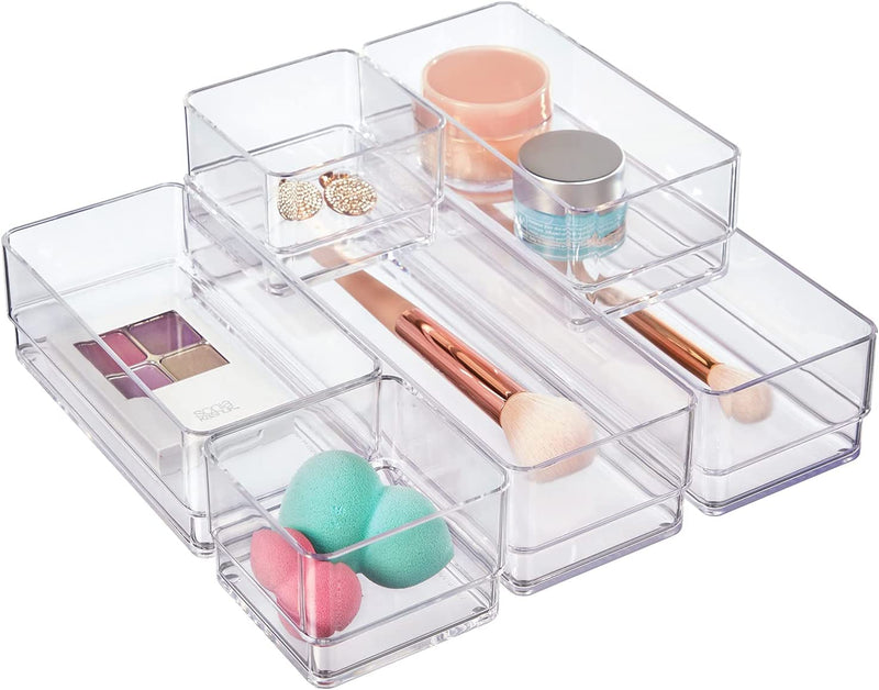 Stori Simplesort 6-Piece Stackable Clear Drawer Organizer Set | Multi-Size Trays | Small Makeup Vanity Storage Bins and Office Desk Drawer Dividers | Made in USA