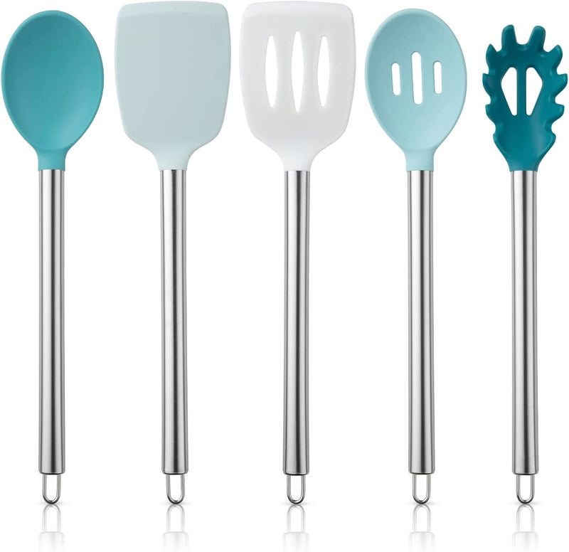 COOK with COLOR Silicone Cooking Utensils, 5 Pc Kitchen Utensil Set, Easy to Clean Silicone Kitchen Utensils, Cooking Utensils for Nonstick Cookware, Kitchen Gadgets Set (Green Ombre) Home & Garden > Kitchen & Dining > Kitchen Tools & Utensils Enchante Direct Teal  