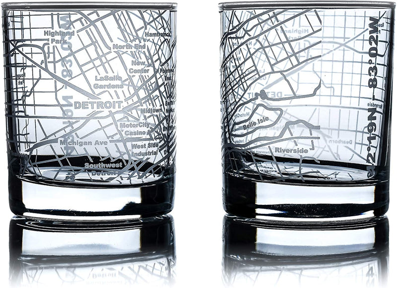 Greenline Goods Whiskey Glasses - 10 Oz Tumbler Gift Set for Denver Lovers, Etched with Denver Map | Old Fashioned Rocks Glass - Set of 2 Home & Garden > Kitchen & Dining > Barware Greenline Goods Detroit  