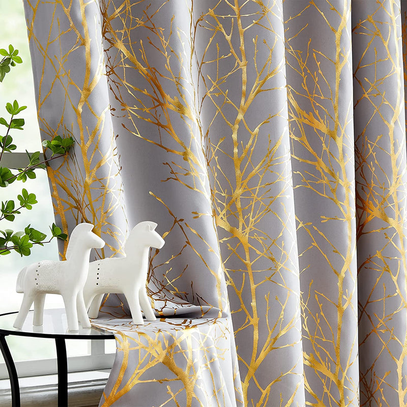 FMFUNCTEX Branch Grey Blackout Curtain Panels for Bedroom 84" Foil Gold Tree Branch Window Curtains Metallic Print Energy Efficient Thermal Curtain Drapes for Guest Living Room Grommet Top 2 Panels Home & Garden > Decor > Window Treatments > Curtains & Drapes FMFUNCTEX Gold /Grey 50" x 45"L 