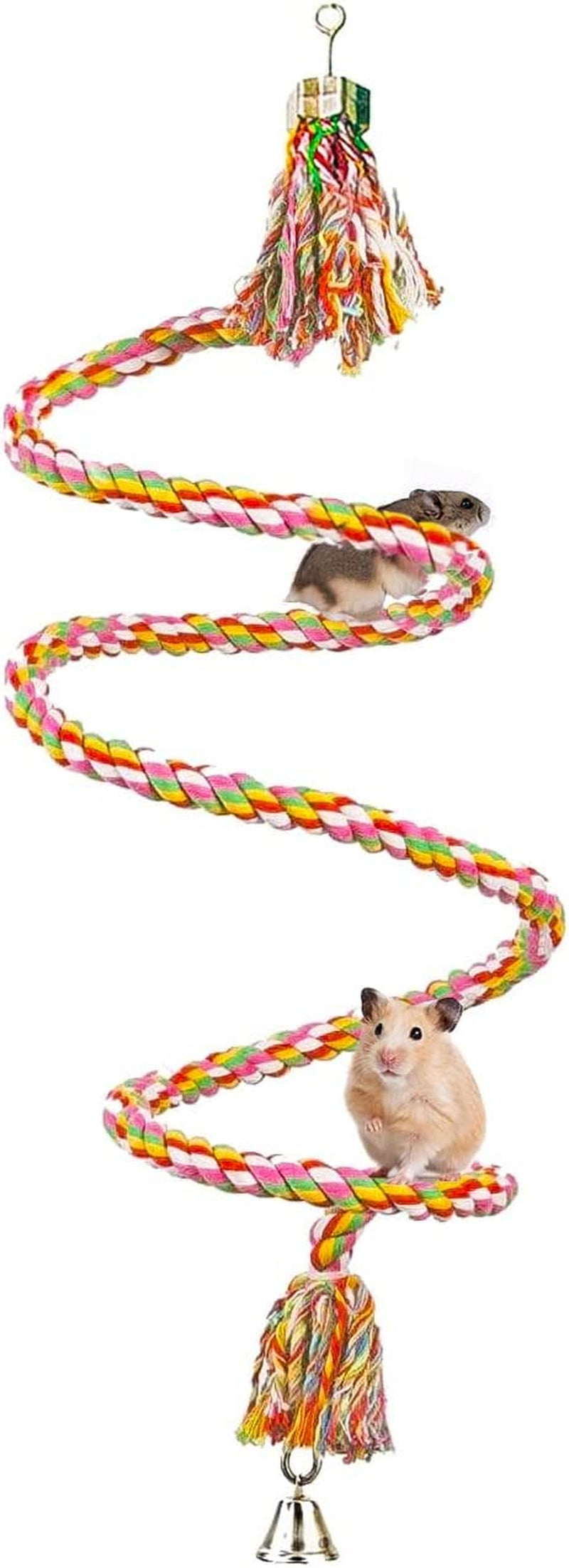 Sungrow Rope Perch for Hamsters, Sugar Gliders, Reptiles, 59” Long, Spiral Design with Jingling Bell, Vibrant Handmade Chew Toy