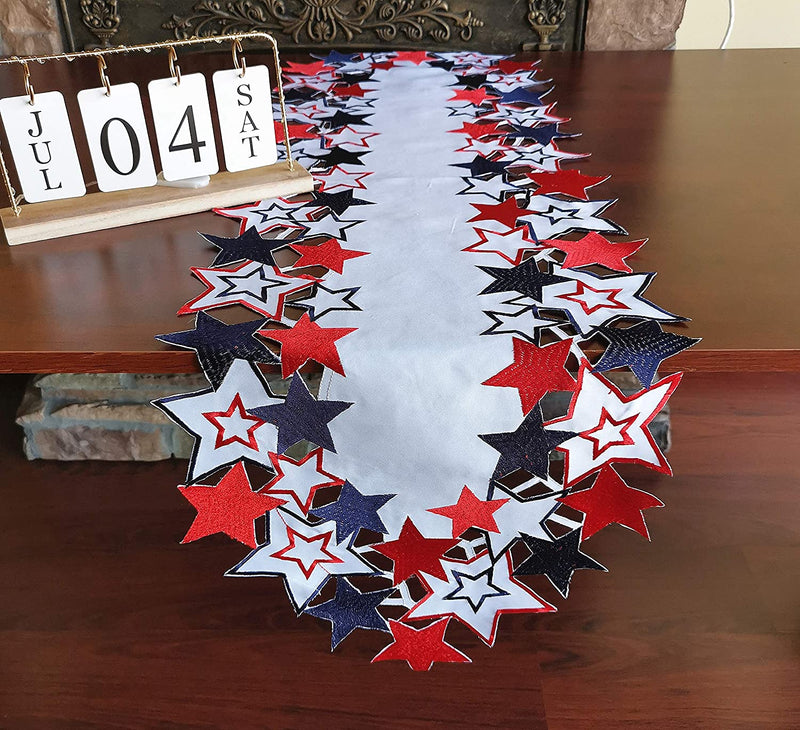 GRANDDECO Holiday Patriotic Table Runners,Embroiderd Cutwork Blue&Red Stars Dresser Scarf for American Independence Day, Memorial Day Holiday Tabletop Decoration (Runner 15"×54", Star-1)