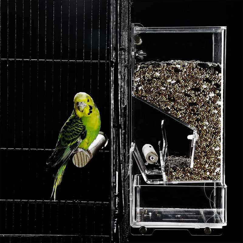 Evursua No Mess Bird Cage Feeders Automatic Parrot Seed Tube Birds Cage Accessories for Parakeet Canary Cockatiel Finch,Free Install,No Fragile (Medium- Updated Splashproof Board)