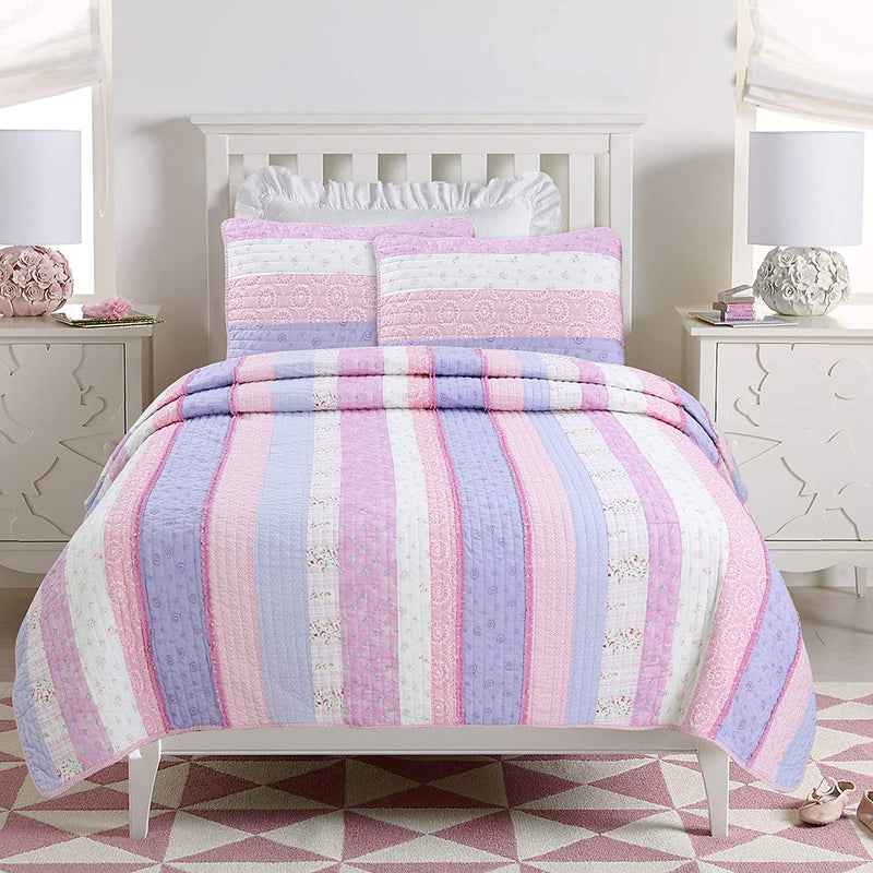 Cozy Line Home Fashions Colorful Striped Ruffle Floral 100% Cotton Reversible Girl Quilt Bedding Set, Reversible Coverlet Bedspread (Rainbow, Queen - 3 Piece) Home & Garden > Linens & Bedding > Bedding Cozy Line Home Fashions Pink Ruffle Twin 