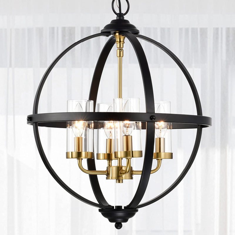 Treekee Rustic Chandelier, 14" Black and Gold Finish Glass Cover Luxurious Hanging Light, 3 Lights Globe Vintage Pendant Ceiling Light Fixtures for Living Room Entry Way Hallway Kitchen Dining Room