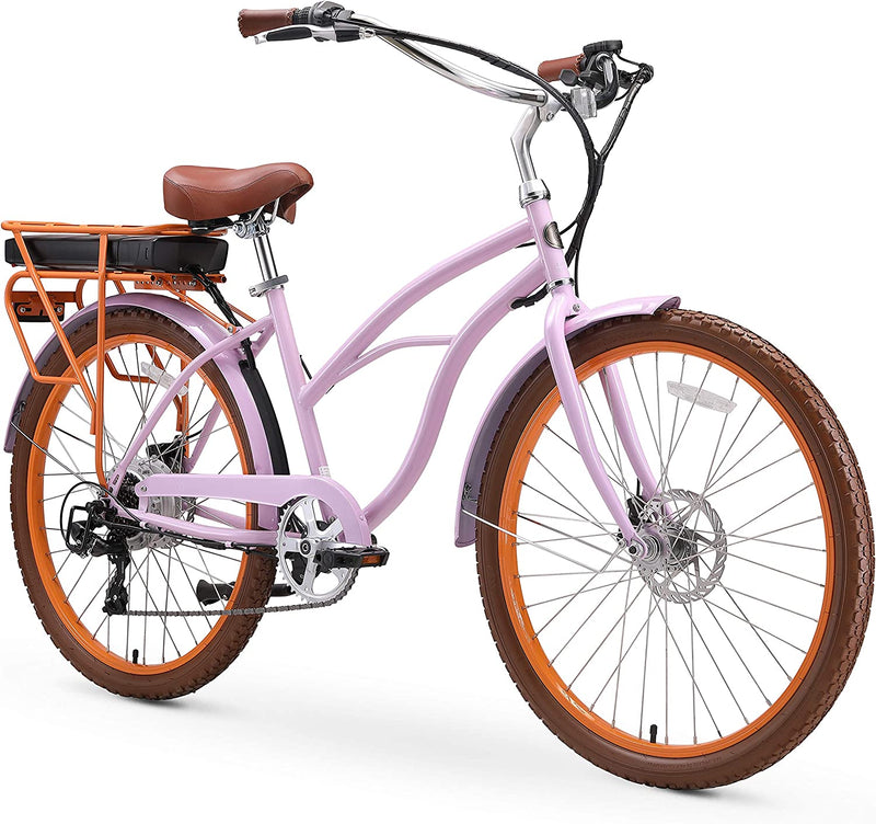 Sixthreezero Electric-Bicycles around the Block Women'S Ebike, 250/500 Watt Motor, 7-Speed Beach Cruiser Bicycle with Rear Rack, 26" Wheels, Multiple Colors Sporting Goods > Outdoor Recreation > Cycling > Bicycles sixthreezero Lilac Ginger Around the Block Ebike (Women's) 26" / 7-speed / 500 Watts