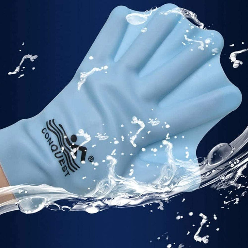 KANTANZE Aquatic Gloves,Swimming Gloves Hand Paddles Webbed Training Gloves Aquatic Full Finger Hand Flippers for Men Women Diving Surfing Training,Blue 1Pair