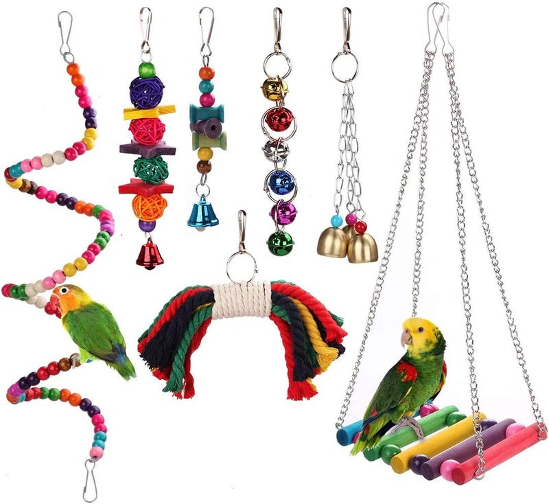 HAPPYTOY Bird Parrot Toys Play Fun Set for Cages, 7Pcs Colorful Chewing Hanging Swing Toy Bells, Wooden Spiral, Cotton Rope, Ladder Swing for Small Parrots, Macaws, Parakeets, Conures, Cockatiels, Lov Animals & Pet Supplies > Pet Supplies > Bird Supplies > Bird Toys HAPPYTOY Bird Swing Set4  