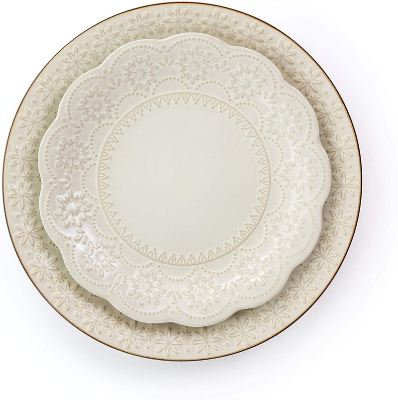 Elama Embossed Scalloped Stoneware Dinnerware Dish Set, 16 Piece, Ivory