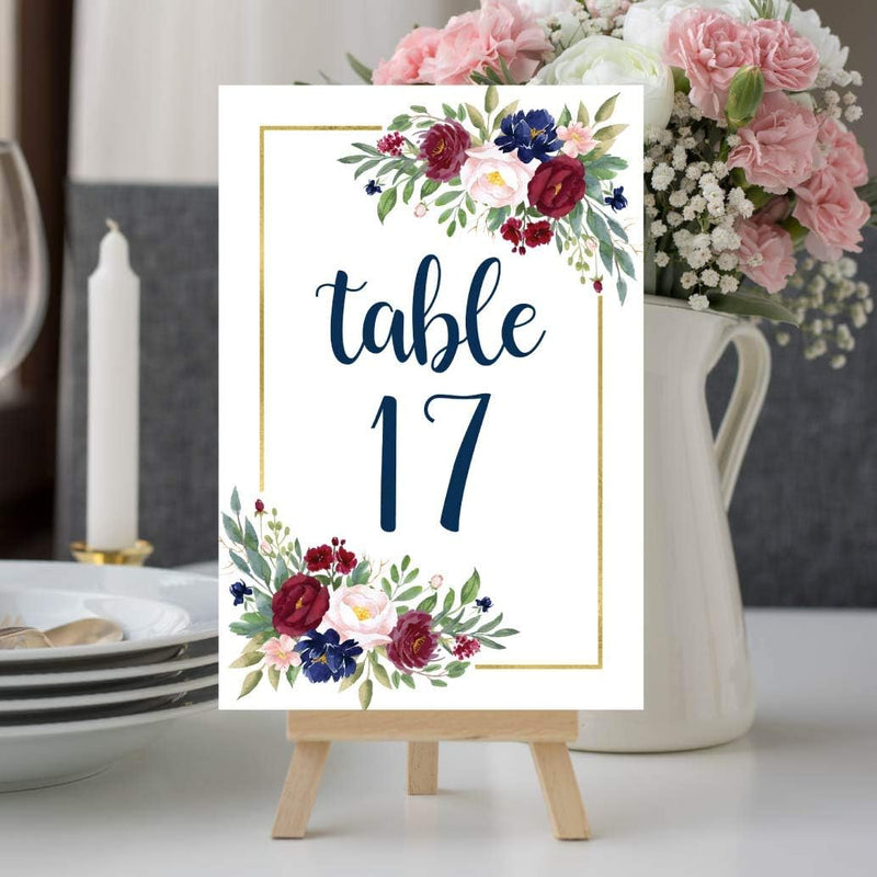 1-25 Burgundy Floral Table Number Double Sided Signs for Wedding Reception, Restaurant Birthday Party Set Calligraphy Printed Numbered Card Centerpiece Decoration Setting Reusable Frame Stand 4X6 Size