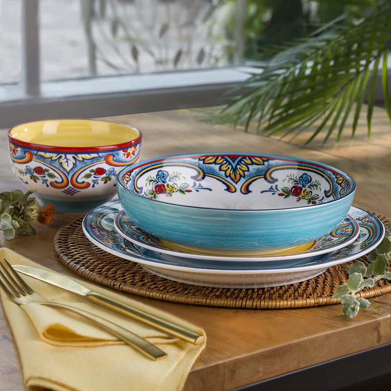 Euro Ceramica Zanzibar Double Bowl 16-Piece Dinnerware Set | Fine Kitchenware | Floral Multicolor Design Stoneware Tableware Service for 4 Home & Garden > Kitchen & Dining > Tableware > Dinnerware Euro Ceramica   