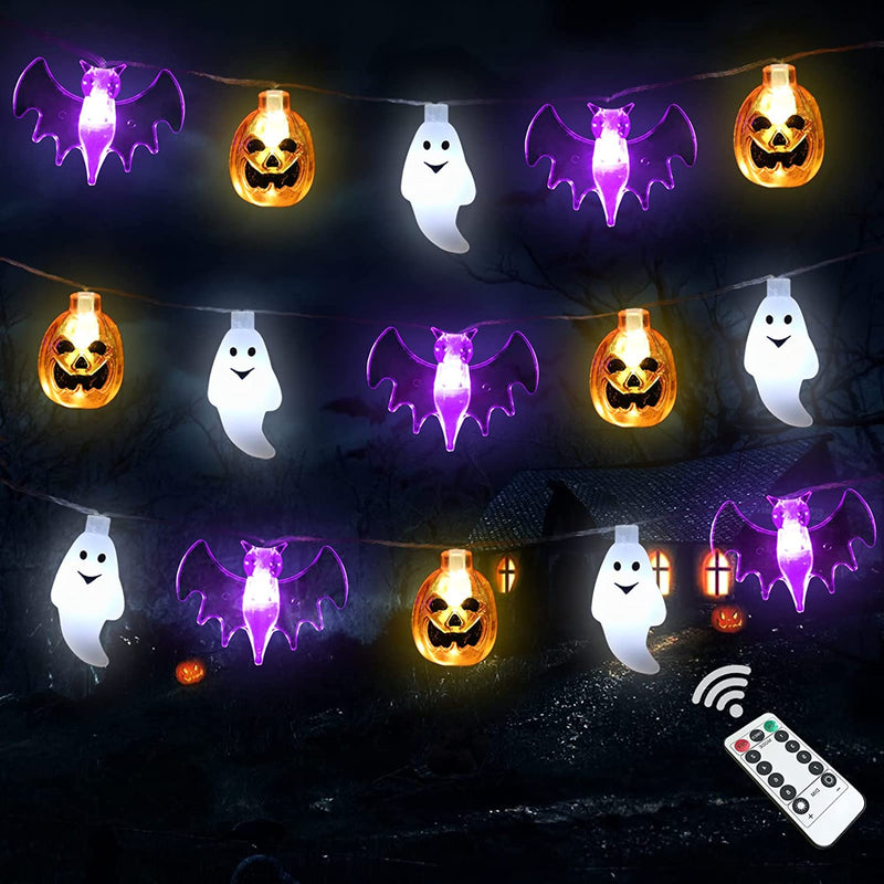 Halloween Lights, 16FT 30 LED Waterproof 3D Pumpkin Bat Ghost Battery Operated String Lights with Timer - 8 Lighting Modes Fairy Light for Window Indoor Outdoor Decor Halloween Party Decorations