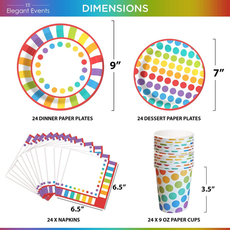 Elegant Events Rainbow Birthday Party Supplies Decorations 195 Piece Kit with Plates, Cups, Napkins, Straws, Tablecloth, Banner, Cutlery for 24 Guests Kids Colorful Paper Set Multi Color Theme Arts & Entertainment > Party & Celebration > Party Supplies Elegant Events   