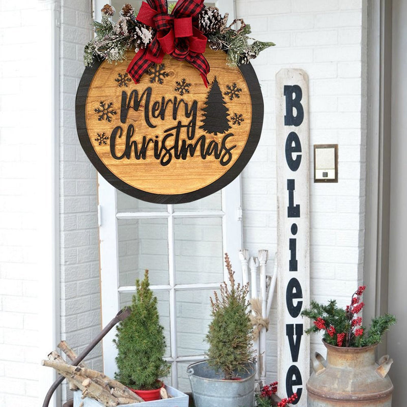 Merry Christmas Sign Christmas Red Buffalo Plaid Welcome Sign for Front Door Christmas Decoration Hanging Farmhouse Porch Christmas Decoration Outdoor Christmas Decor round Wood Sign
