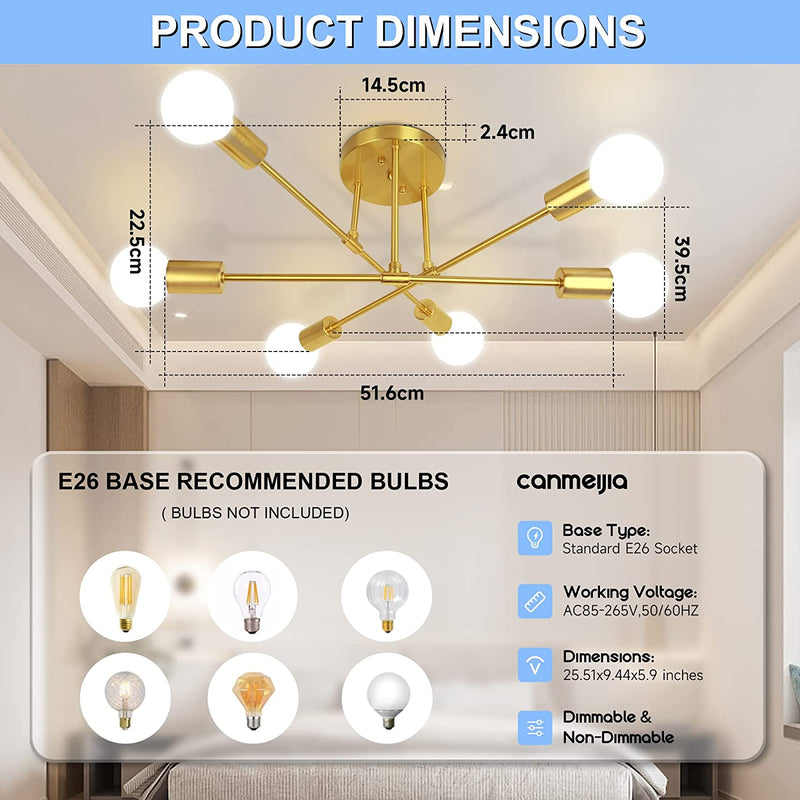 Modern Sputnik Chandelier, Ceiling Light Fixture Semi Flush Mount 6-Lights Gold Chandeliers for Living Room Bedroom Dining Room Farmhouse Kitchen, Mid Century Pendant with E26 Base, Bulbs Not Included Home & Garden > Lighting > Lighting Fixtures > Chandeliers CANMEIJIA   
