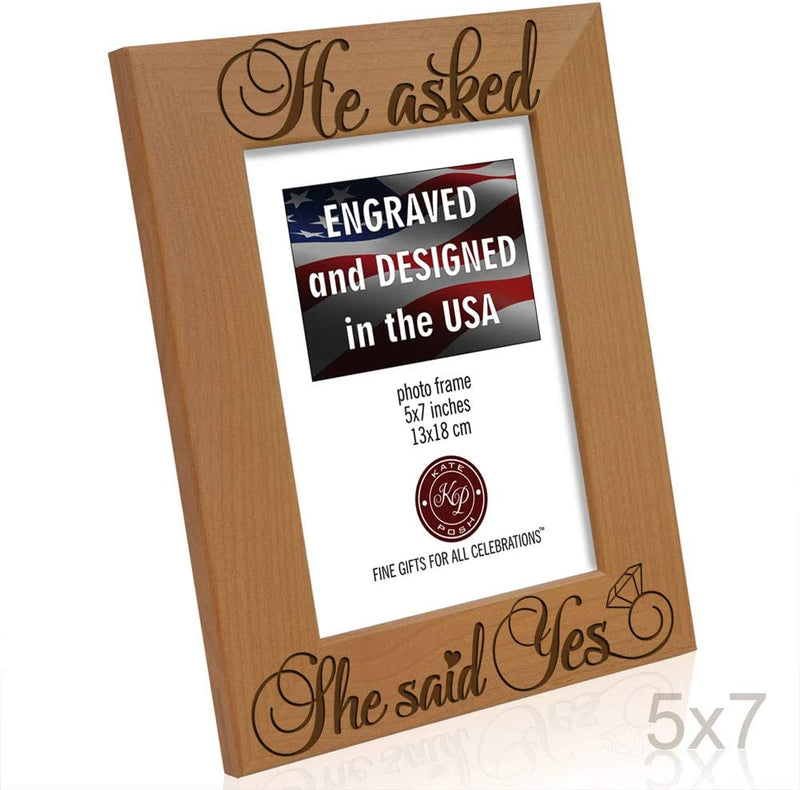 Kate Posh - He Asked, She Said Yes Engraved Natural Wood Picture Frame - Engagement Gifts, Best Friends Gifts, Valentine'S Day Gifts, Christmas Gifts, Future Mr. & Mrs. Gifts (5X7-Vertical) Home & Garden > Decor > Picture Frames KATE POSH   