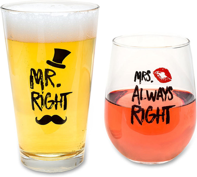 Cute Wedding Gifts - Bride and Groom Novelty Wine Glass and Beer Glass Combo - Engagement Gift for Couples Home & Garden > Kitchen & Dining > Tableware > Drinkware The Plympton Company Mr Right & Mrs Always Right  