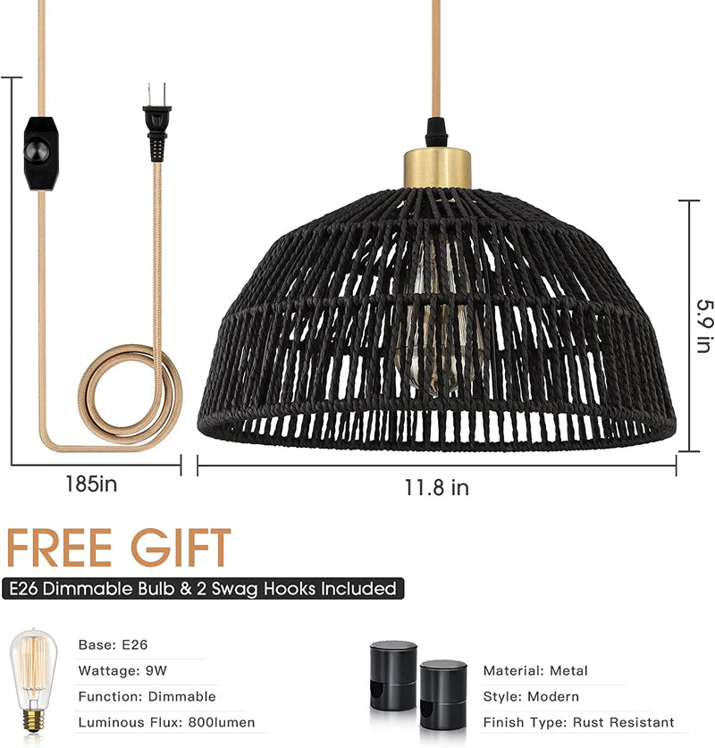 Plug in Pendant Light Rattan Hanging Light with Plug in Cord, Boho Hanging Lamp with 15Ft Gold Cotton Cord & Dimmer Switch, Black Rattan Pendant Light with Woven Lampshade(Bulb&2 Swag Hooks Included) Home & Garden > Lighting > Lighting Fixtures Ruzectt   