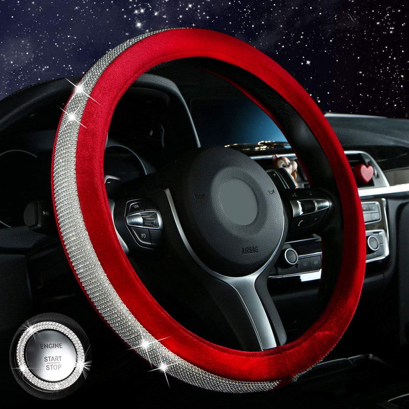 Diamond Bling Steering Wheel Cover for Women Girls, Car Crystal Sparkly Leather Steering Wheel Protector Interior Accessories (Red, Standard Size[14 1/2''-15''])
