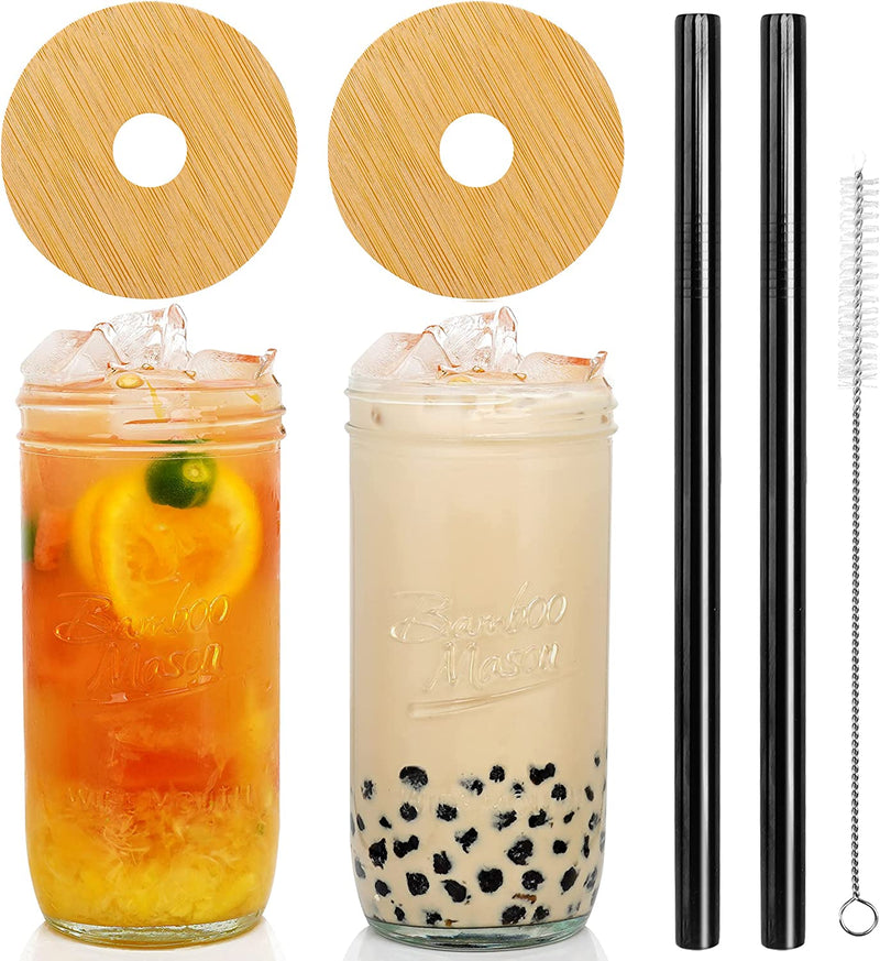 Mason Jar with Lid and Straw, ANOTION 32Oz Wide Mouth Boba Cup Reusable Drinking Glasses Tumbler Smoothie Water Bottles for Iced Coffee Margaritas Ice Cream Juice Cocktail Travel Office Home Home & Garden > Kitchen & Dining > Tableware > Drinkware ANOTION 2 Jars: Classic Bamboo Lid+Black Straw  