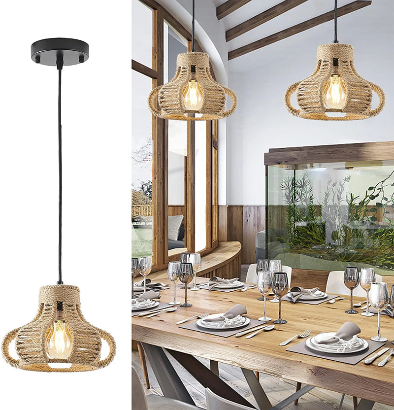 Xsdetu Farmhouse Pendant Light in Wood and Metal Cage, Rustic White Wood Pendant Light with Glass, Adjustable Glass Hanging Light Fixtures, Mini Pendant Lighting for Kitchen Island, Foyer, Hallway Home & Garden > Lighting > Lighting Fixtures XSDeTu Hemp Rope-1 Pcak  