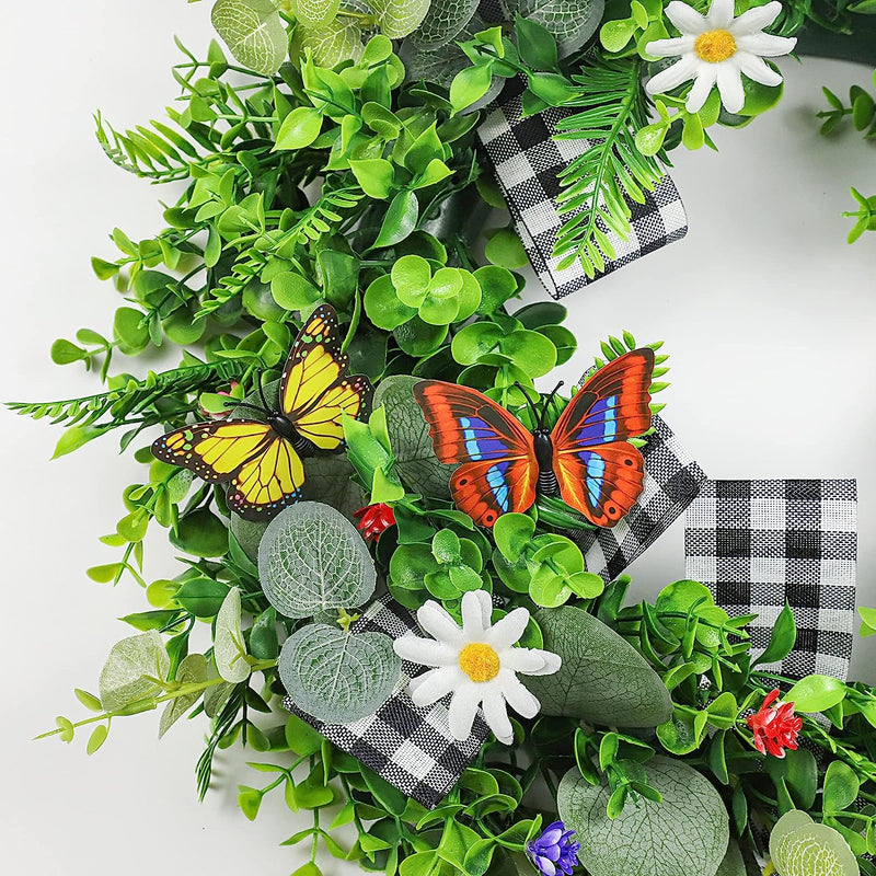 Spring/Easter Wreath Decoration, 18 Inch Artificial Green Leaves Daisy Wreath with Butterfly and Burlap Buffalo Plaid Bows, Spring Wreath for Front Door Farmhouse Easter Spring Decorations