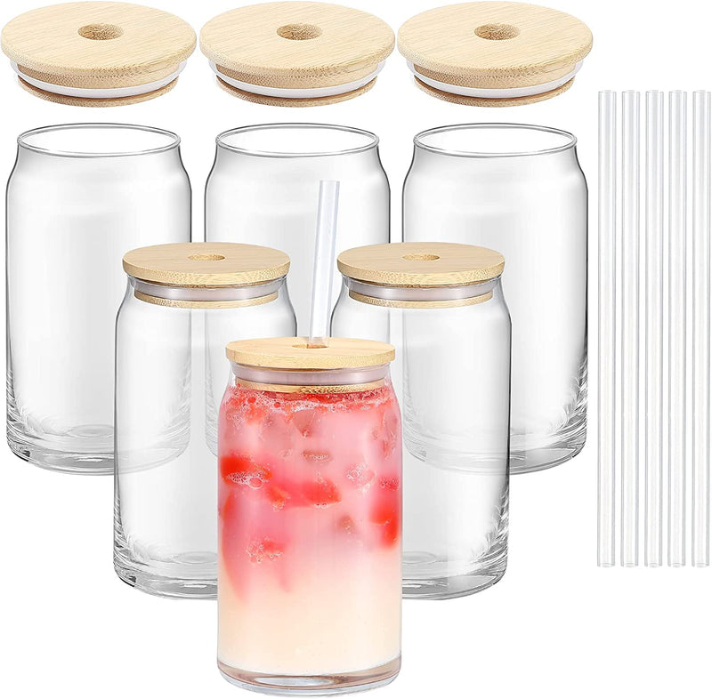 Drinking Glasses (16Oz) with Bamboo Lids and Plastic Straw, Pack of 6 Heat Resistant Wide Mouth Juice Drinking Glasses Cups for Cold Beverages & Warm Drinks Home & Garden > Kitchen & Dining > Tableware > Drinkware DANALLAN   