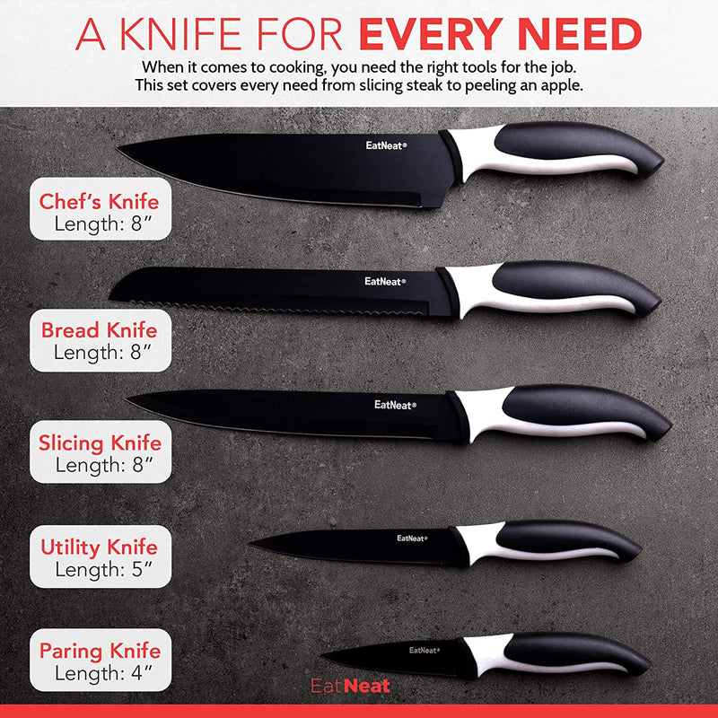 Eatneat 12-Piece Kitchen Knife Set - 5 Black Stainless Steel Knives with Sheaths, Cutting Board, and a Sharpener - Razor Sharp Cutting Tools That Are Kitchen Essentials for New Home