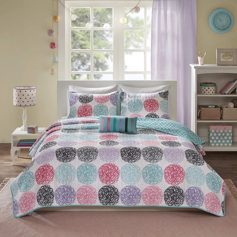 Mi Zone Cozy Quilt Set, Casual Modern Vibrant Color Design All Season Teen Bedding, Coverlet Bedspread, Decorative Pillow, Girls Bedroom Décor, Full/Queen, Carly Circular Purple
