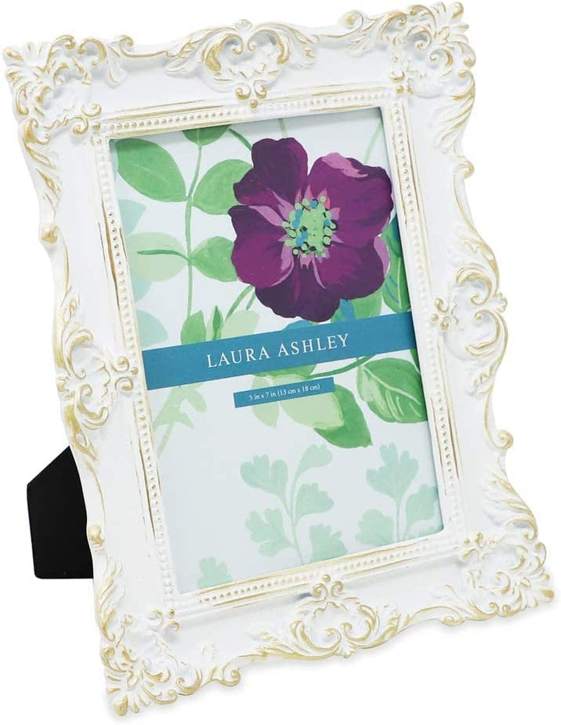 Laura Ashley 5X7 Black Ornate Textured Hand-Crafted Resin Picture Frame with Easel & Hook for Tabletop & Wall Display, Decorative Floral Design Home Décor, Photo Gallery, Art, More (5X7, Black) Home & Garden > Decor > Picture Frames Laura Ashley White W/ Gold 5x7 