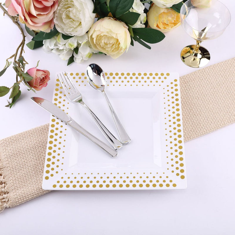 Efavormart 50 Pcs - White with Gold 6.5" Square Disposable Plastic Plate for Wedding Party Banquet Events - Hot Dots Collection Arts & Entertainment > Party & Celebration > Party Supplies Efavormart.com 9.5" White/Gold 
