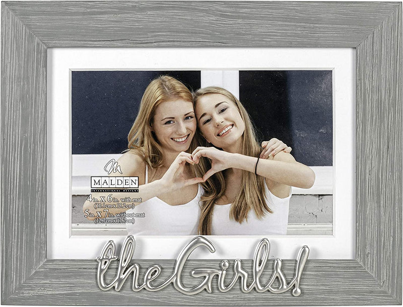 Malden International Designs 4X6 or 5X7 the Girls! Distressed Expressions Picture Frame Silver Finish the Girls! Word Attachment Gray Textured Wood Grain Finish MDF Frame White Beveled Mat Home & Garden > Decor > Picture Frames Malden International Designs   