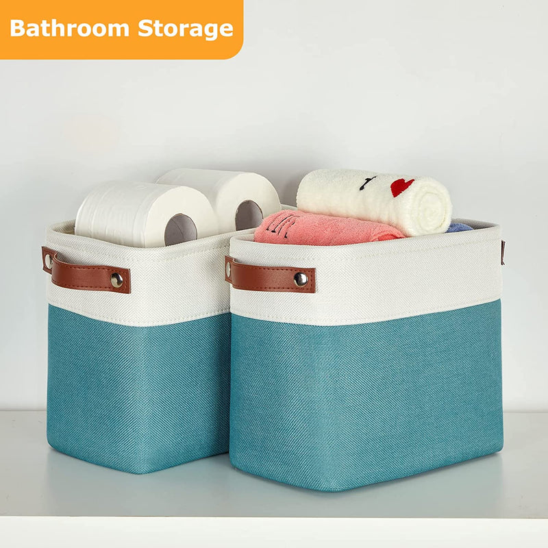 DULLEMELO Toilet Paper Basket, Small Bathroom Baskets for Toilet, Fabric Storage Baskets Foldable Fabric Organizer for Storage, Toilet Paper Storage Basket for Toilet, Magazine Basket(White&Teal) Home & Garden > Household Supplies > Storage & Organization DULLEMELO   