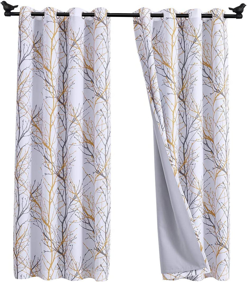 FMFUNCTEX White Tree Curtains for Bedroom 84Inch Half-Blackout Yellow Grey Print Branch Curtains for Living Room Window Treatment Set 50”W Grommet Top Set of 2 Home & Garden > Decor > Window Treatments > Curtains & Drapes FMFUNCTEX   