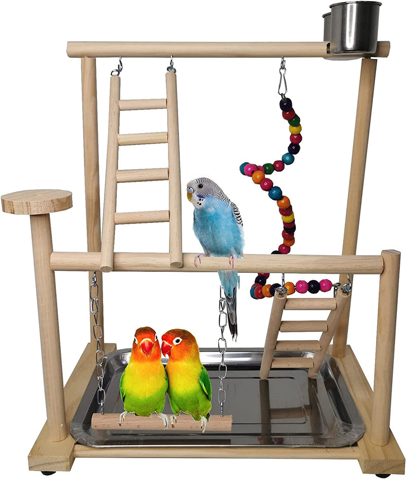 Parrots Playground, Bird Play Gym Wood Perch Stand Colours Revolving Climb Ladders Swing Chewing Toys with Parakeet Feeding Cups Exercise Activity Center for Conure Cockatiel Lovebirds(Include a Tray)