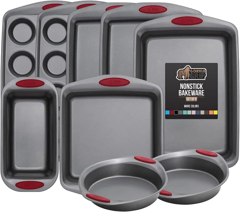 Gorilla Grip Nonstick, Heavy Duty, Carbon Steel Bakeware Sets, 4 Piece Kitchen Baking Set, Rust Resistant, Silicone Handles, 2 Large Cookie Sheets, 1 Roasting Pan and 1 Bread Loaf Pan, Turquoise Home & Garden > Kitchen & Dining > Cookware & Bakeware Hills Point Industries, LLC Red Bakeware Sets Set of 9