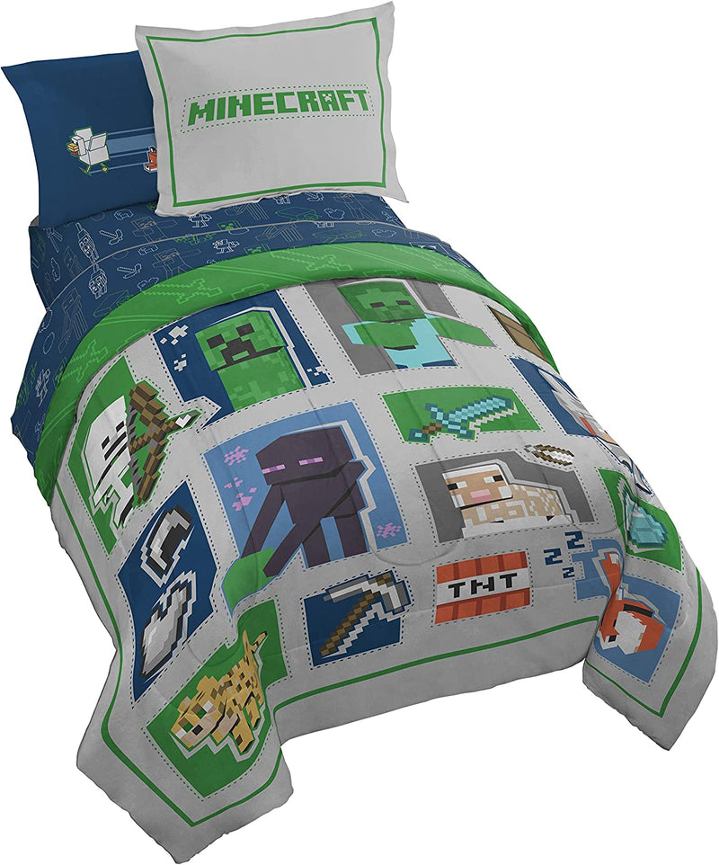 Jay Franco MINECRAFT Patchwork Mobs 7Pc Full Bed Set - Includes Comforter&Sheet Set-Bedding Features Creeper, Ghost, Zombie,&Enderman-Super Soft Fade Resistant Microfiber (Official Minecraft Product)