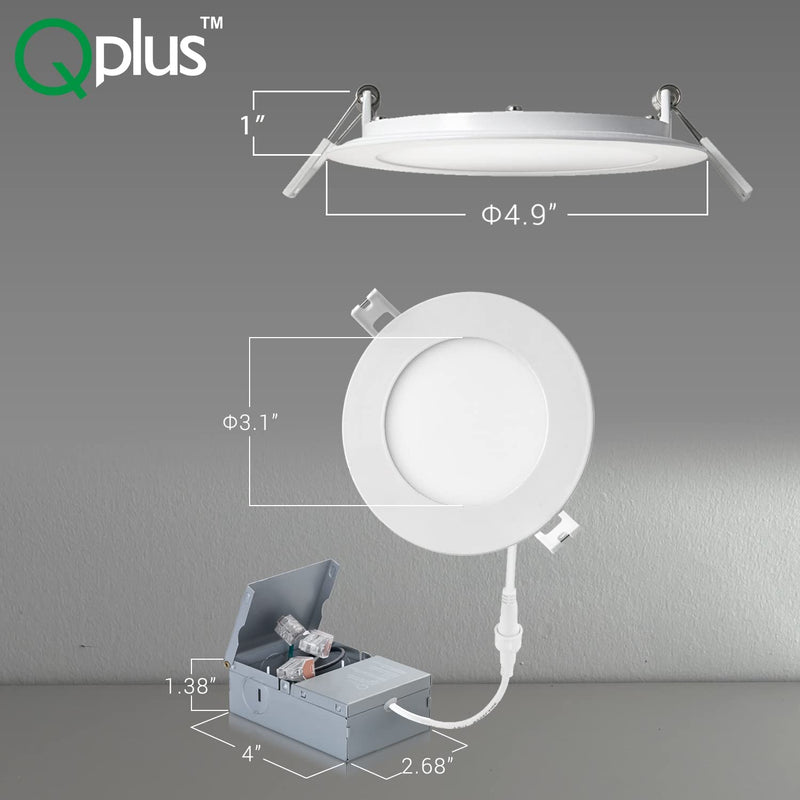 QPLUS 4Inch Dimmable LED Recessed Light, Ultra Thin Ceiling Lights with Junction Box, Canless Downlight, 10W=75W, 750LM, IC Rated, ETL, Energy Star, CSA Approved, Airtight, 4000K Bright White – 4PK
