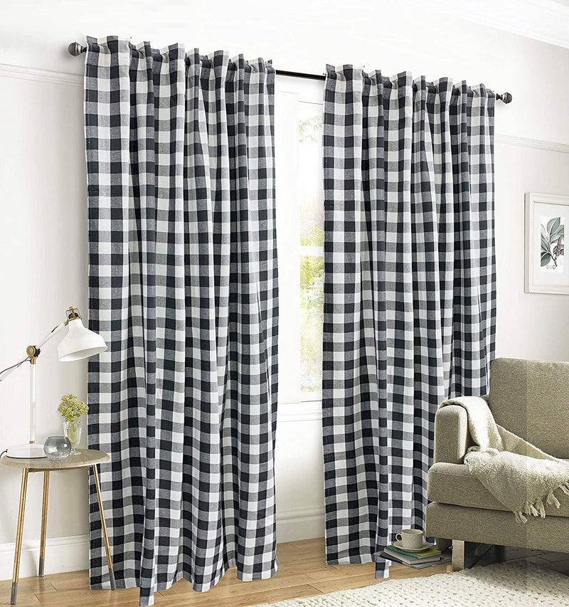 Gingham Check Window Curtain Panel, 100% Cotton, Navy/White, Cotton Curtains, 2 Panels Curtain, Tab Top Curtains, 50X96 Inches, Set of 2 Home & Garden > Decor > Window Treatments > Curtains & Drapes Ramanta Home Black 50x96 