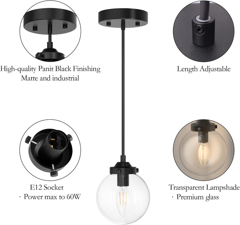 Ralbay Industrial Black Glass Pendant Lights Industrial Kitchen Island Lighting Fixtures with Clear Globe Glass (2 Pack, Exclude Bulb) Home & Garden > Lighting > Lighting Fixtures Ralbay   