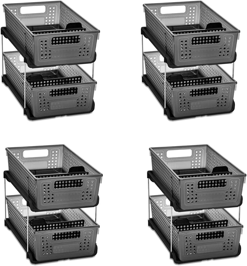 Madesmart 2-Tier Organizer, Multi-Purpose Slide-Out Storage Baskets with Handles and Dividers, Frost
