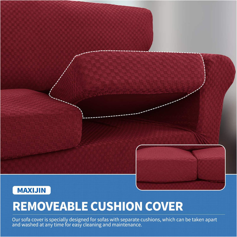 MAXIJIN 2 Piece Newest Jacquard Chair Covers with Arms Super Stretch Non Slip Chair Slipcover for Living Room Dogs Pet Friendly Elastic Sofa Couch Protector Armchair Cover (Chair, Wine Red)