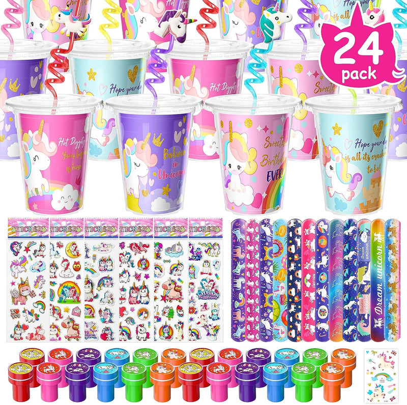 FZR Legend Dinosaur Party Favors Goodie Cups for Kids Aged 4-12, with Dino Reusable Straws Stampers Stickers Slap Bracelets, Carnival Prizes, Pinata Goodie Bag Fillers, Stocking Stuffers for Party Supplies 24 Guests  FZR Legend Unicorn-24  