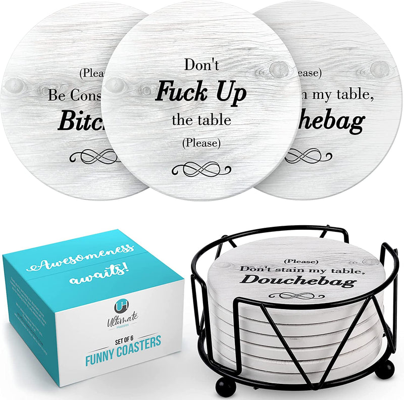 Funny Coasters for Drinks with Holder - Absorbent Drink Coasters Set 6 Pcs - 3 Sayings - Housewarming Gift for Friends - Men, Women Birthday - Cool Home Decor - Living Room, Kitchen, Bar Decorations Home & Garden > Kitchen & Dining > Barware Ultimate Hostess   