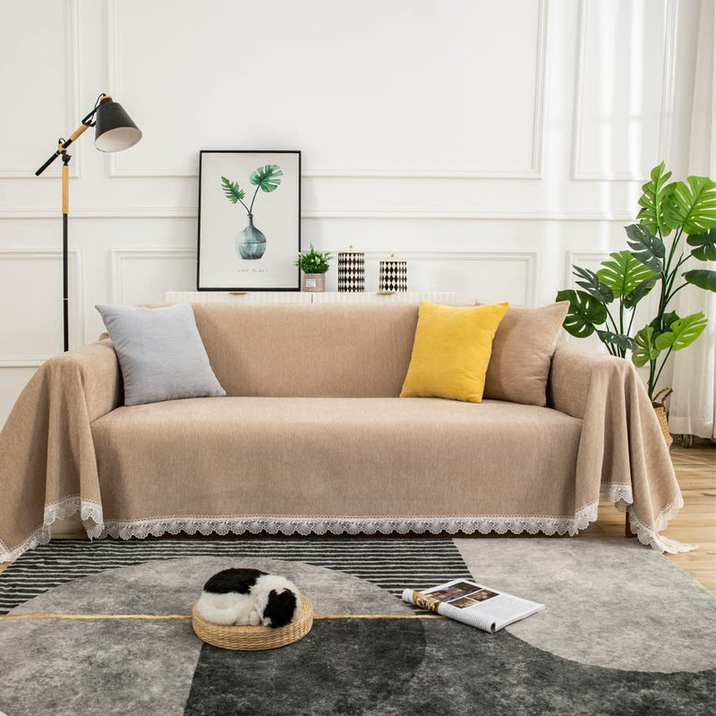 DREAMINGO Sofa Covers, Striped Texture Yellow Couch Cover, Chenille Couch Cover for Dogs, Universal Couch Covers for 3 Cushion Couch Sofa, Sectional L Shape Couch Furniture Protector Covers, 71X134In Home & Garden > Decor > Chair & Sofa Cushions DREAMINGO Brown Large 71" x 118" 