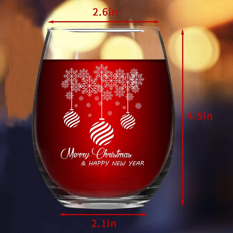 Futtumy Merry Christmas and Happy New Year Stemless Wine Glass Set of 2, Unique Christmas Gift New Year Gift for Him Her Family Friend Dad Mom Wife Husband, 15Oz