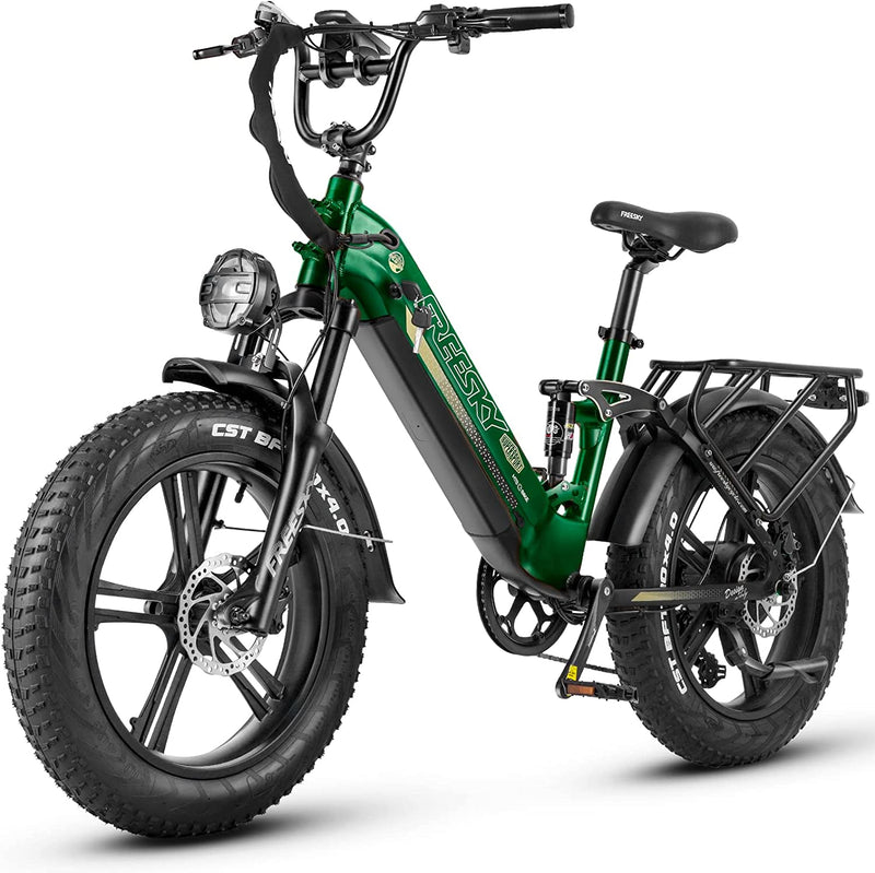 FREESKY Step-Thru Electric Bike for Adults 750W High-Speed Motor 48V 15Ah Samsung Cell Battery, 20" Fat Tires Ebike 25/28MPH Electric Commuter/Mountain Bike, Full Suspension Ebike UL Certified Sporting Goods > Outdoor Recreation > Cycling > Bicycles FREESky A320-Green Step-thru Ebike 