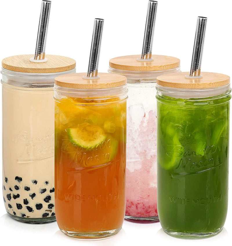 Mason Jar with Lid and Straw, ANOTION 32Oz Wide Mouth Boba Cup Reusable Drinking Glasses Tumbler Smoothie Water Bottles for Iced Coffee Margaritas Ice Cream Juice Cocktail Travel Office Home Home & Garden > Kitchen & Dining > Tableware > Drinkware ANOTION 4 Jars: Upgrade Bamboo Lid+Silver Straw  